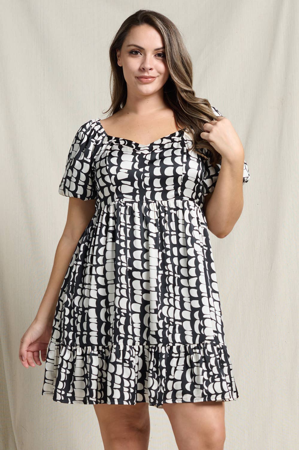 satin babydoll mini dress ABSTRACT SATIN PUFF SLEEVE BABYDOLL MINI DRESS Black / 1X