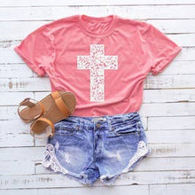 Load image into Gallery viewer, CORAL LACE CROSS FAITH SPRING GRAPHIC TEE - krisglamcloset