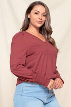 Load image into Gallery viewer, PUFF SLEEVE SMOCKED V-NECK TOP - krisglamcloset