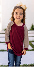 Load image into Gallery viewer, GIRLS' BLANK RAGLAN: MAROON BODY WITH TAUPE STRIPED SLEEVES AND RINGER - krisglamcloset