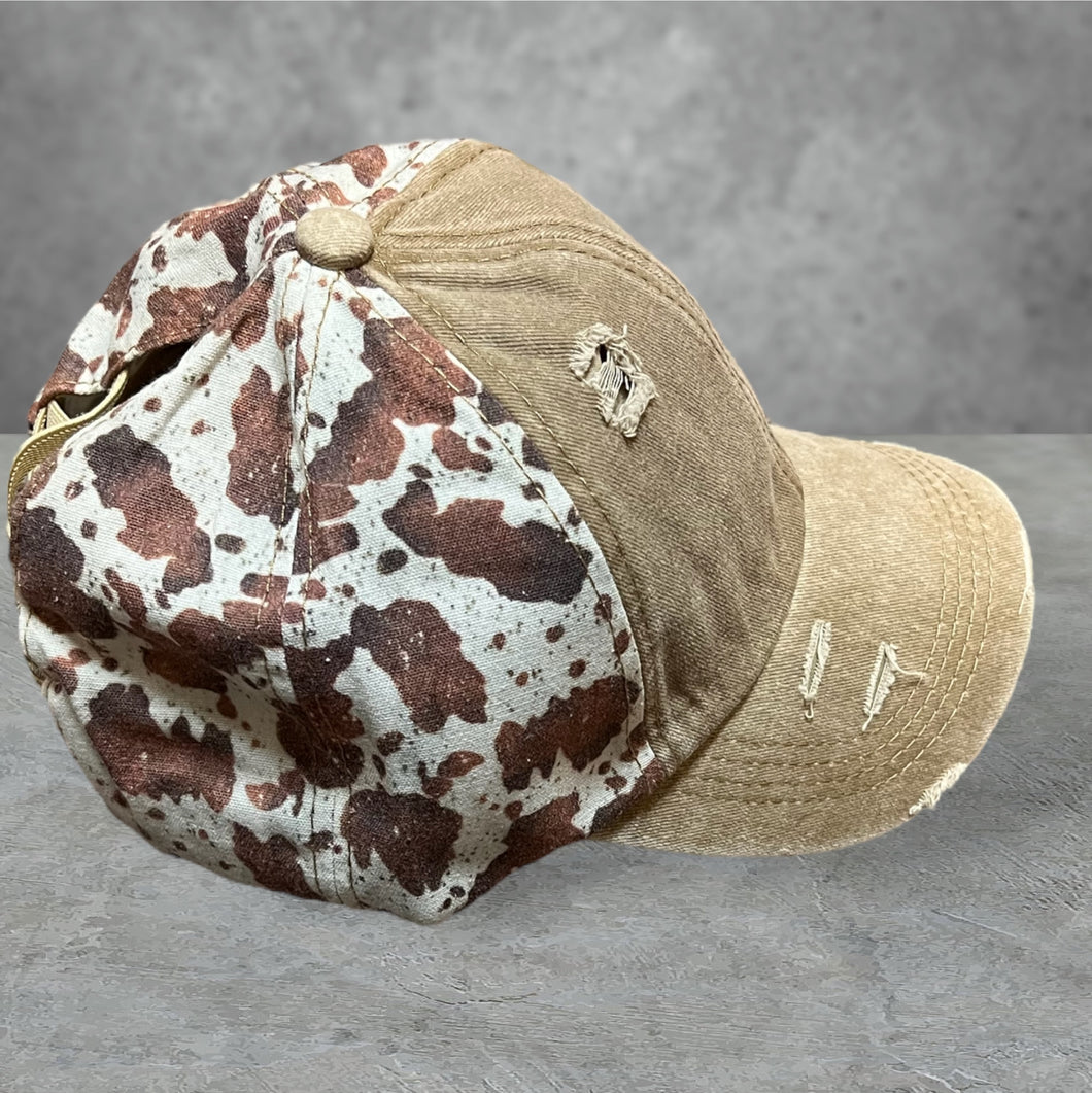 DISTRESSED LIGHT BROWN AND BROWN COW HIGH PONYTAIL HAT