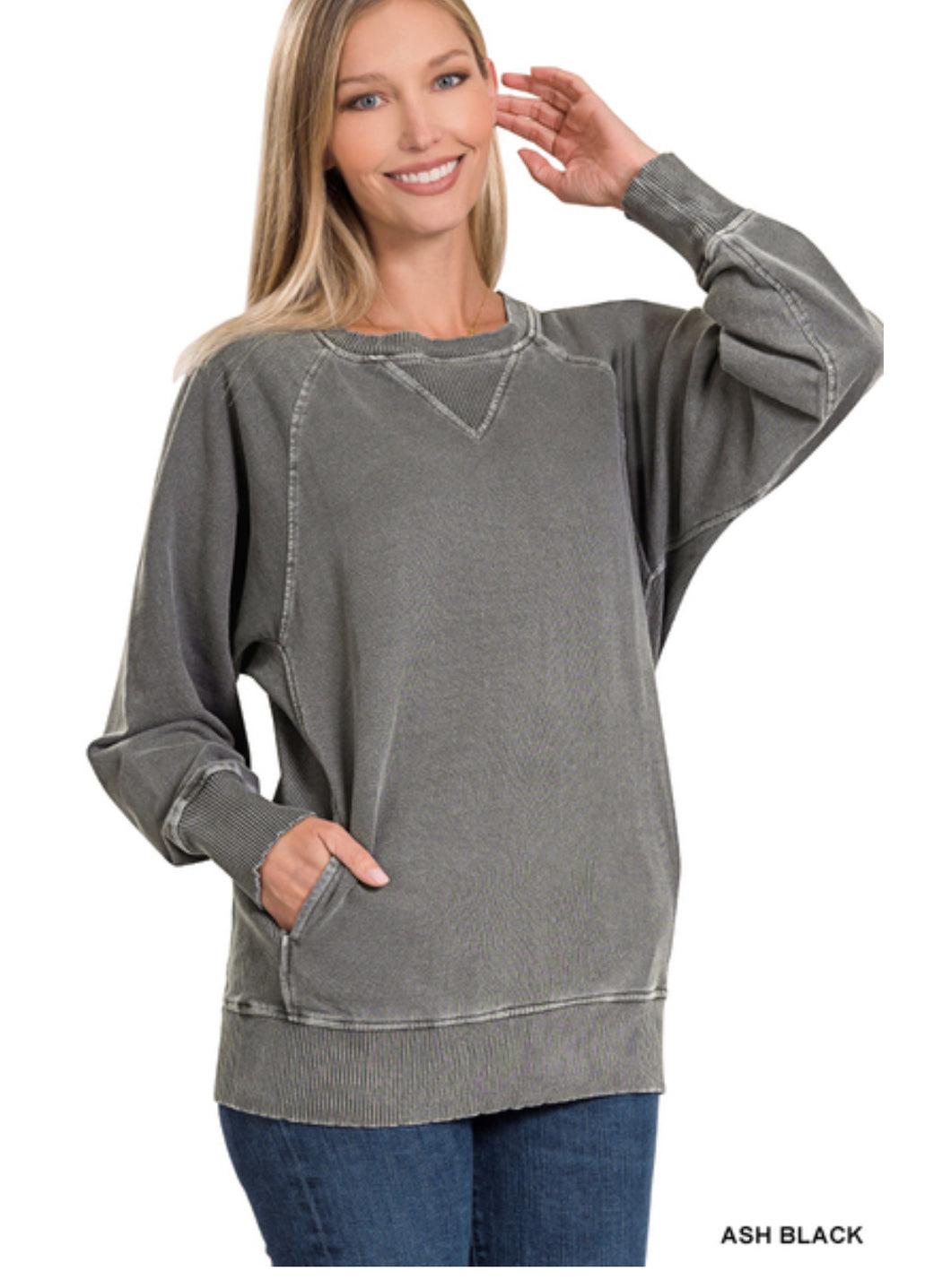 Zenana PIGMENT DYED FRENCH TERRY PULLOVER WITH POCKETS