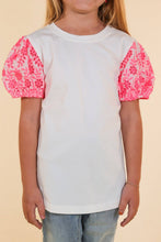 Load image into Gallery viewer, Girls White Top With Pink Eyelet Sleeves
