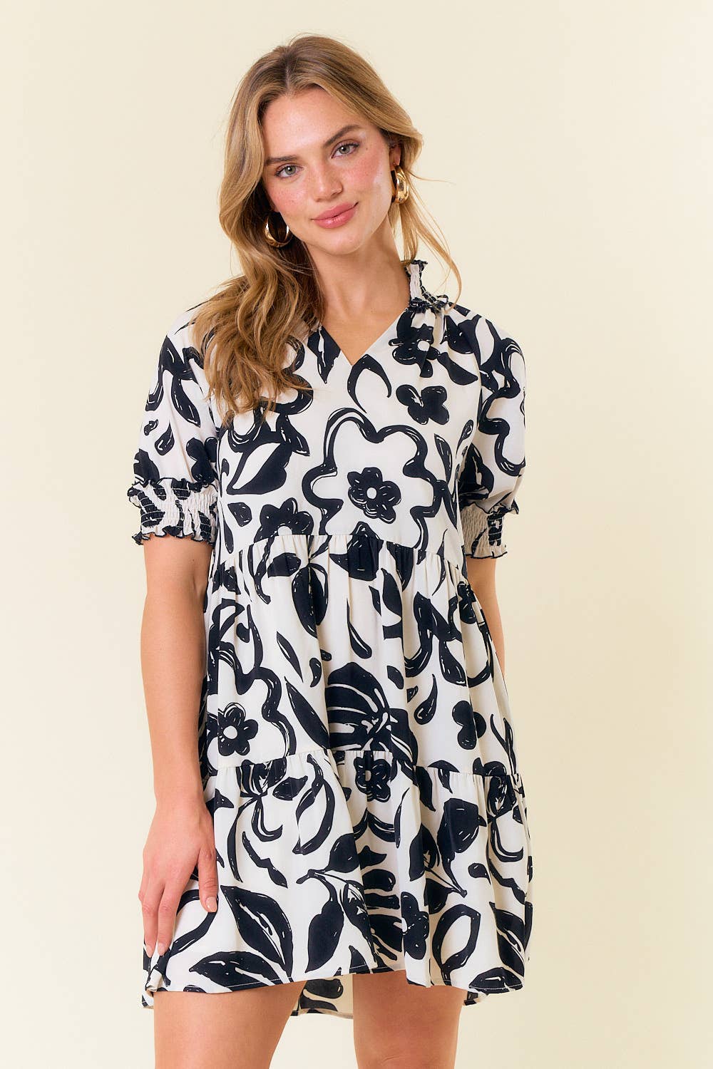 Floral Print Smocked Split V-Neck Puff Dress