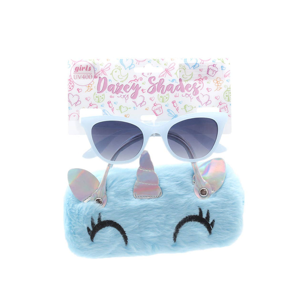 Kids Sunglasses with Case Blue Frame Girls Furry Case Cat