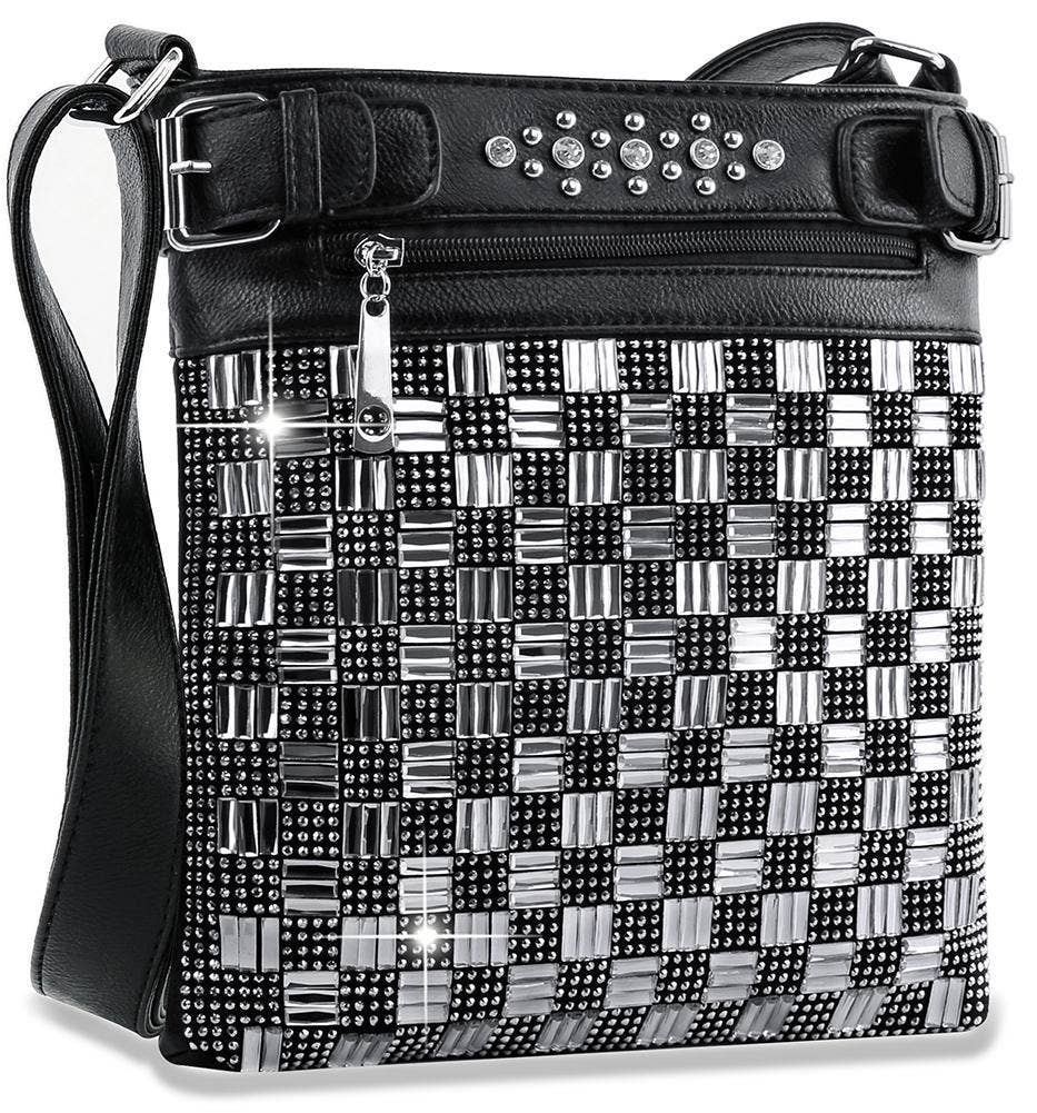 Rhinestone Check Design Crossbody Sling - Black