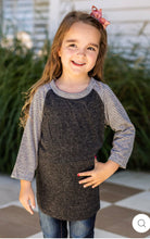 Load image into Gallery viewer, GIRLS&#39; BLANK SHORT SLEEVE: CHARCOAL BODY WITH GREY &amp; BLACK STRIPED SLEEVE
