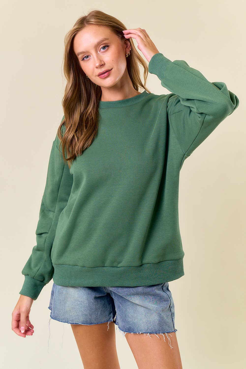 Round Neck Pleated Long Sleeve Fleece Sweatshirt