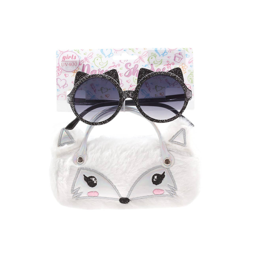 Girls Kids Sunglasses with Case Furry Cat White Case