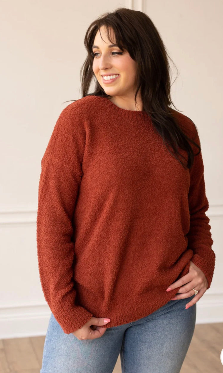IN WITH THE NEW RUST FAUX MOHAIR SWEATER