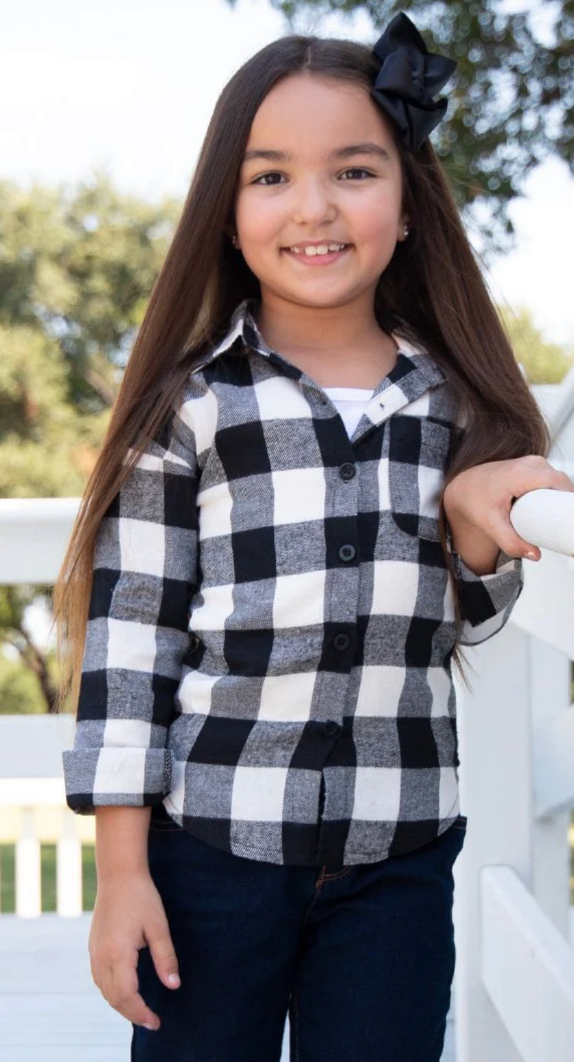 GIRLS' STANDARD PLAID FLANNEL, BLACK AND WHITE