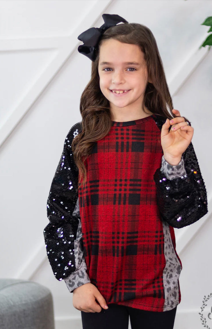 GIRLS' I'M A DIVA RAGLAN BALLOON LONG SLEEVE WITH SEQUINS, PLAID