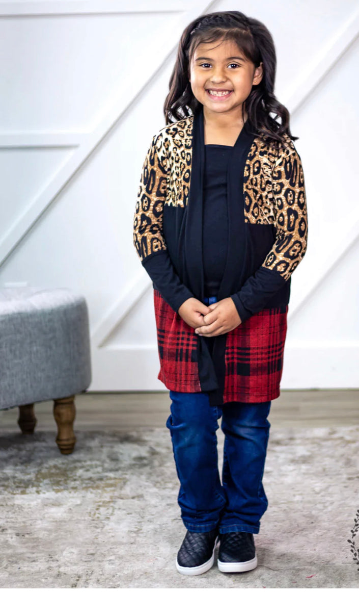 GIRLS' CHILLIN' CARDIGAN WITH LEOPARD AND PLAID