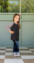 Load image into Gallery viewer, GIRLS&#39; BLANK SHORT SLEEVE: CHARCOAL BODY WITH GREY &amp; BLACK STRIPED SLEEVE
