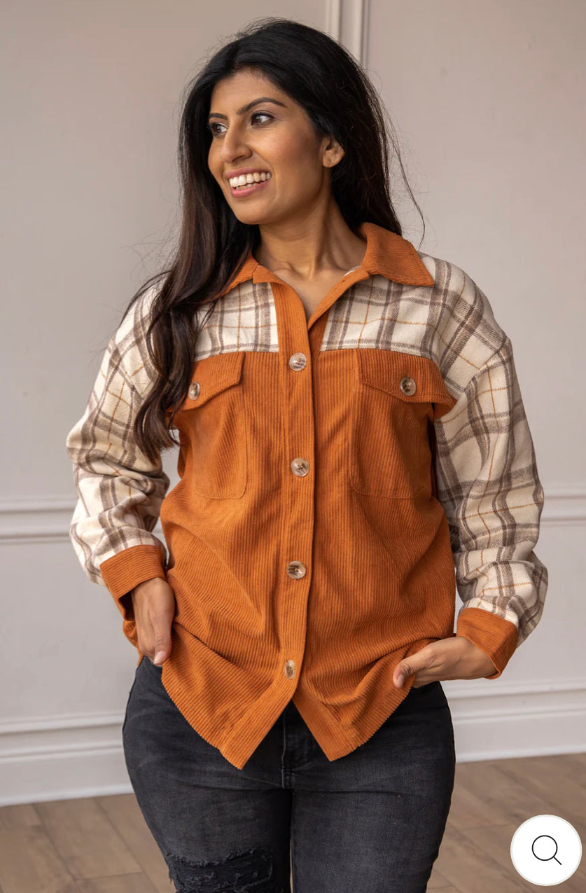 COZY CALLING RUST PLAID BUTTON DOWN TOP