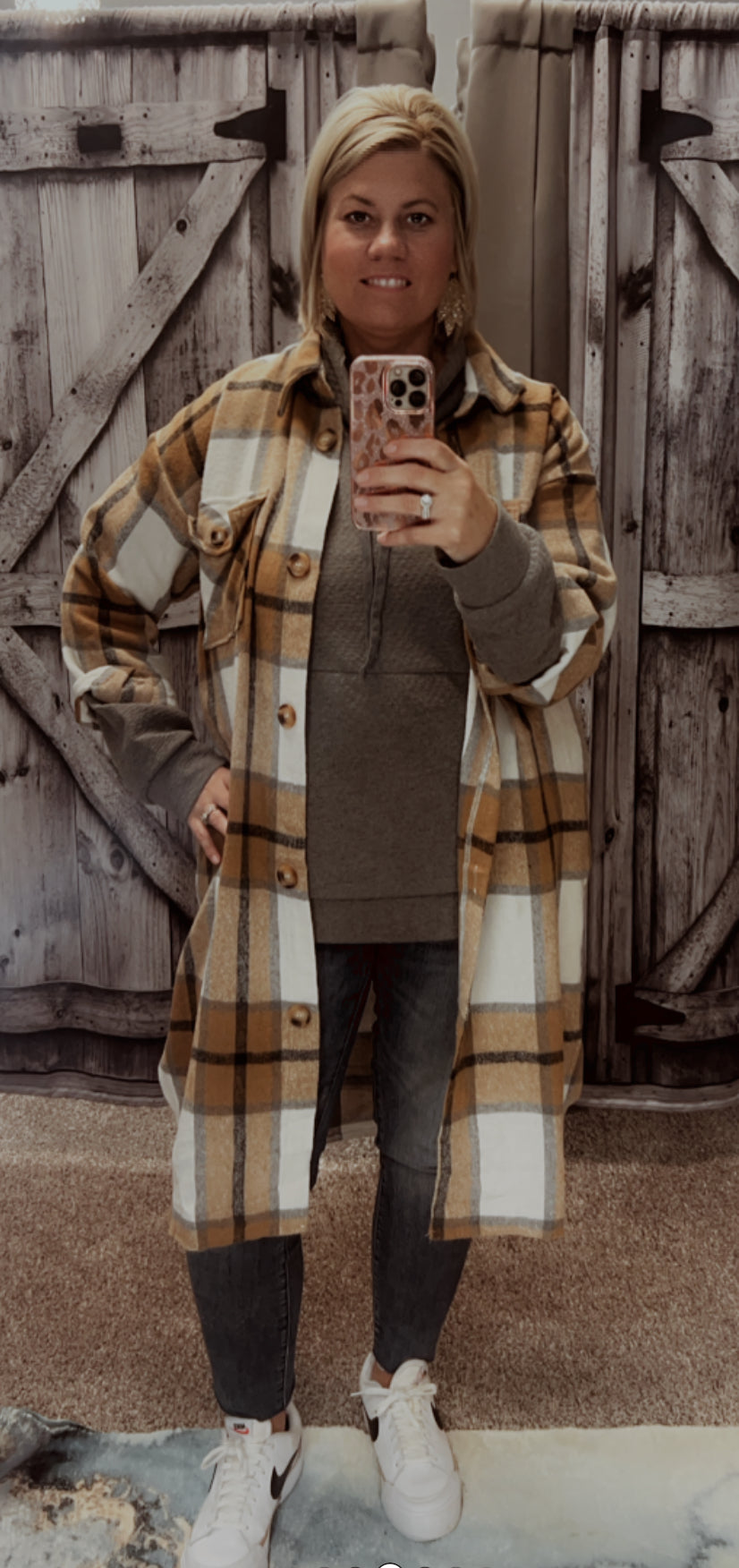 Plaid Button Down Double Pocket Long Coat