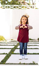 Load image into Gallery viewer, GIRLS&#39; BLANK RAGLAN: MAROON BODY WITH TAUPE STRIPED SLEEVES AND RINGER

