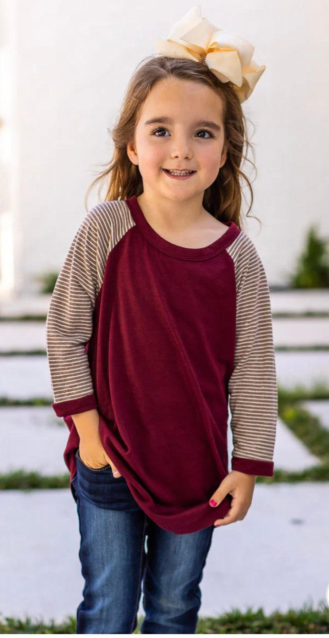 GIRLS' BLANK RAGLAN: MAROON BODY WITH TAUPE STRIPED SLEEVES AND RINGER