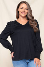 Load image into Gallery viewer, PUFF SLEEVE SMOCKED V-NECK TOP - krisglamcloset
