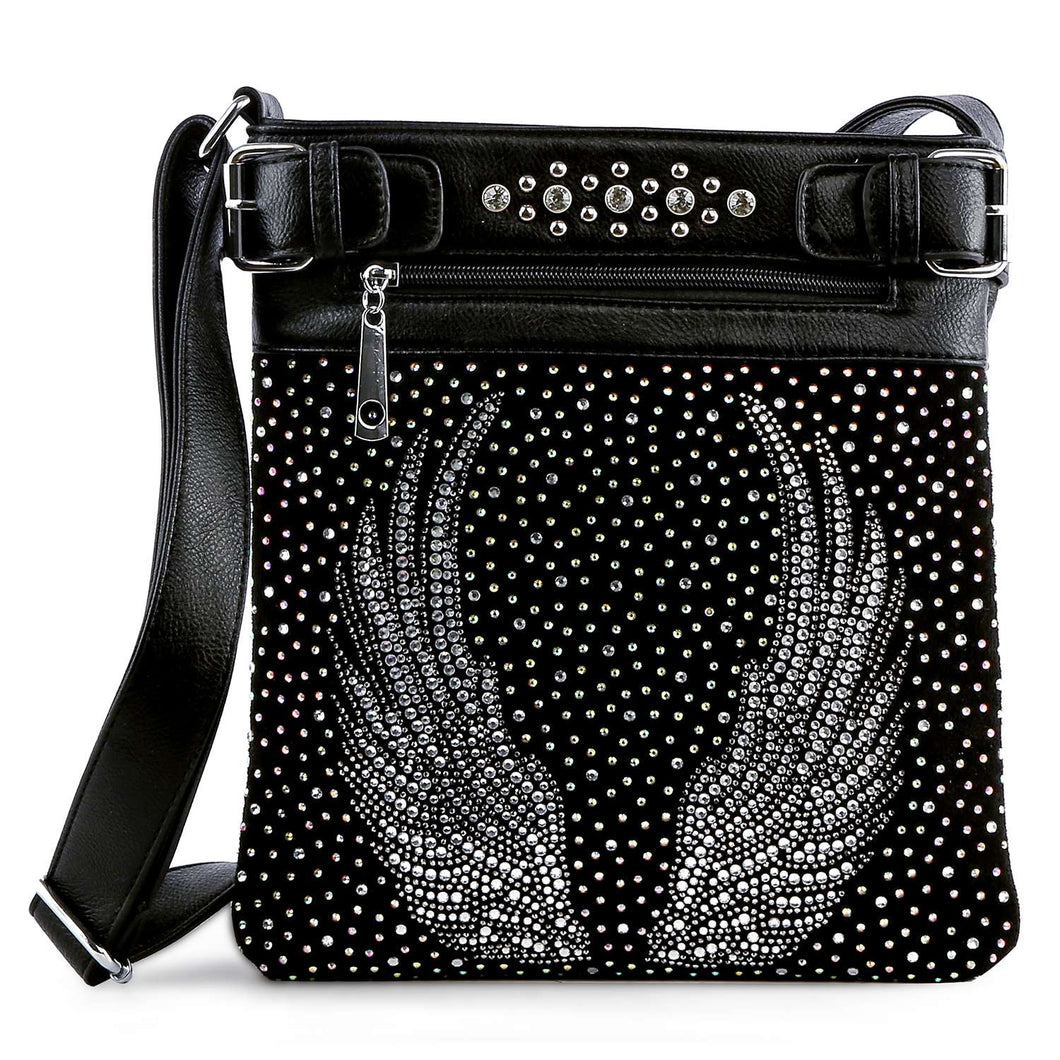 Wings Design Rhinestone Crossbody Sling - Black