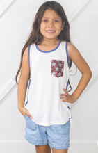 Load image into Gallery viewer, GIRLS SEQUIN STAR POCKET ON WHITE TANK
