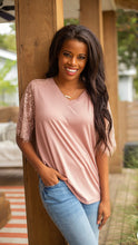 Load image into Gallery viewer, MONTANA MOON V-NECK LACE SHORT SLEEVE TOP IN MAUVE
