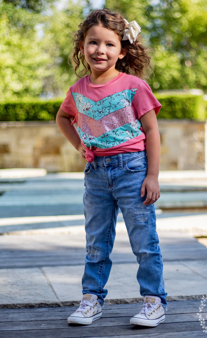 GIRLS' HELLO SPRING TEE, PINK SEQUIN AND FLORAL
