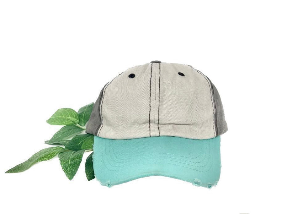 Girls Beige, Brown and Turquoise Distressed Hat