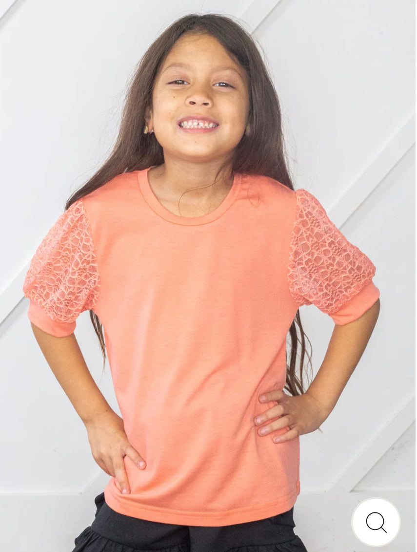 GIRLS JUST LIKE MAMA LACE SLEEVE TOP IN PEACH