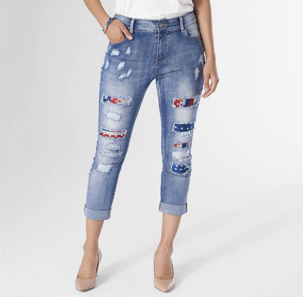 OMG ZOEY ZIP Stars & Stripes Boyfriend Capri with Patches