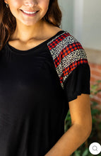 Load image into Gallery viewer, YOU CAN&#39;T SLEEVE ME ALONE BLACK SHORT SLEEVES T-SHIRT WITH LEOPARD AND RED CHECKERS
