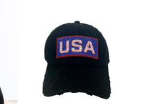 Load image into Gallery viewer, GLITTER USA PATCH ON BLACK DISTRESSED HAT
