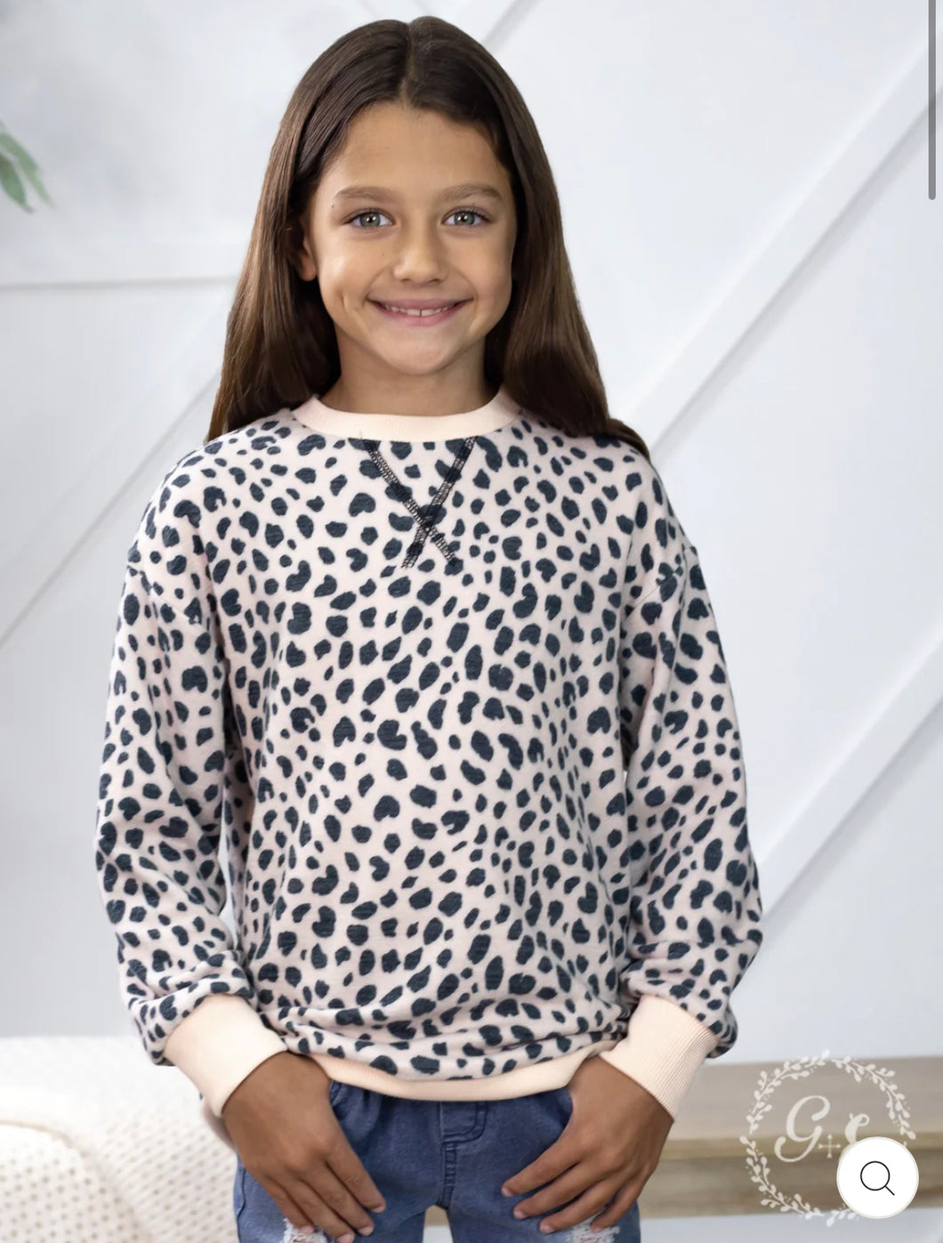 GIRLS CHEETAH CHILLIN' LONG SLEEVE ROUND NECK WITH KNIT WRIST, PINK