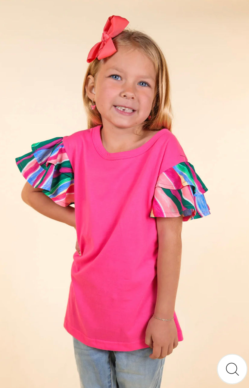 GIRLS PINK TOP WITH STRIPPED RUFFLE SLEEVE