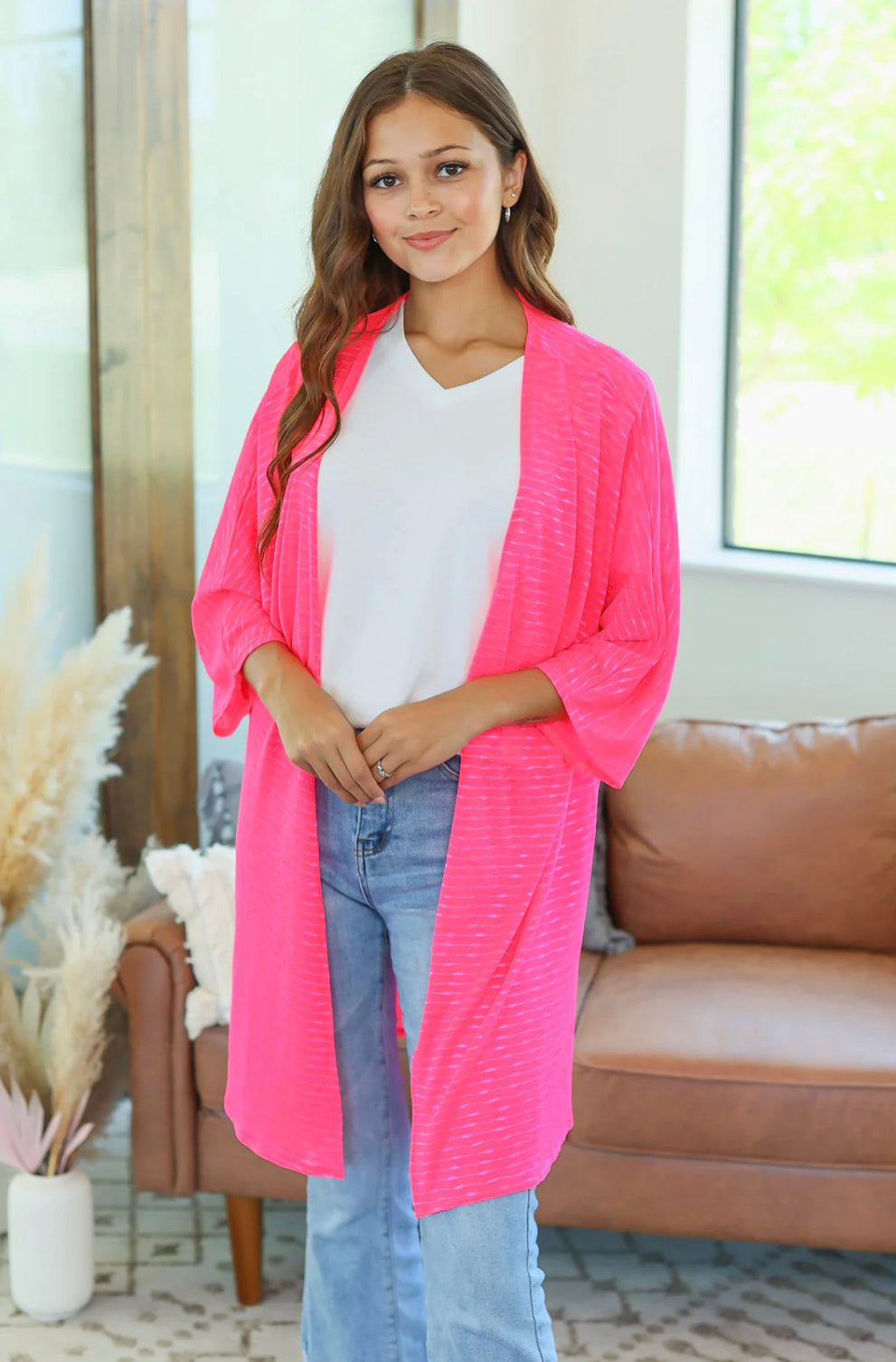 Michelle Mae Cover Up Kimono - Hot Pink Stripes