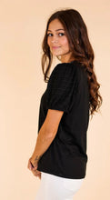 Load image into Gallery viewer, BLACK TOP WITH FLORAL LACE AND PUFF SLEEVE
