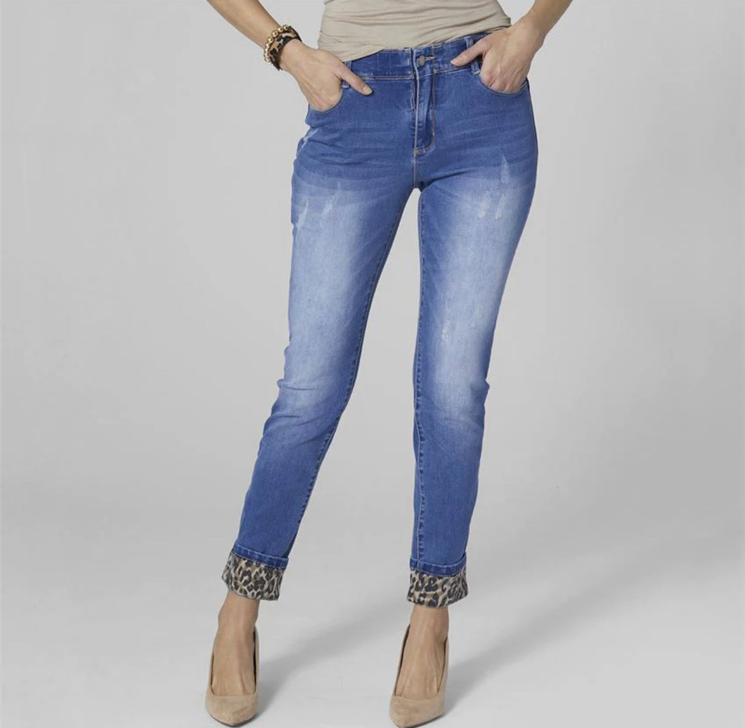 OMG Zoey Zip Boyfriend Print Cuff Jeans - Medium Denim/Brown Animal