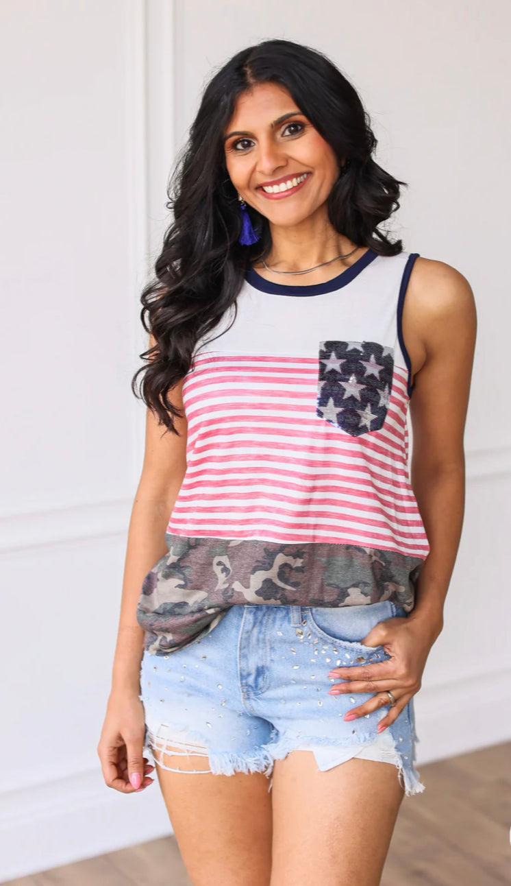 BETSY ROSS TANK , WITH SEQUIN STARS AND CAMO