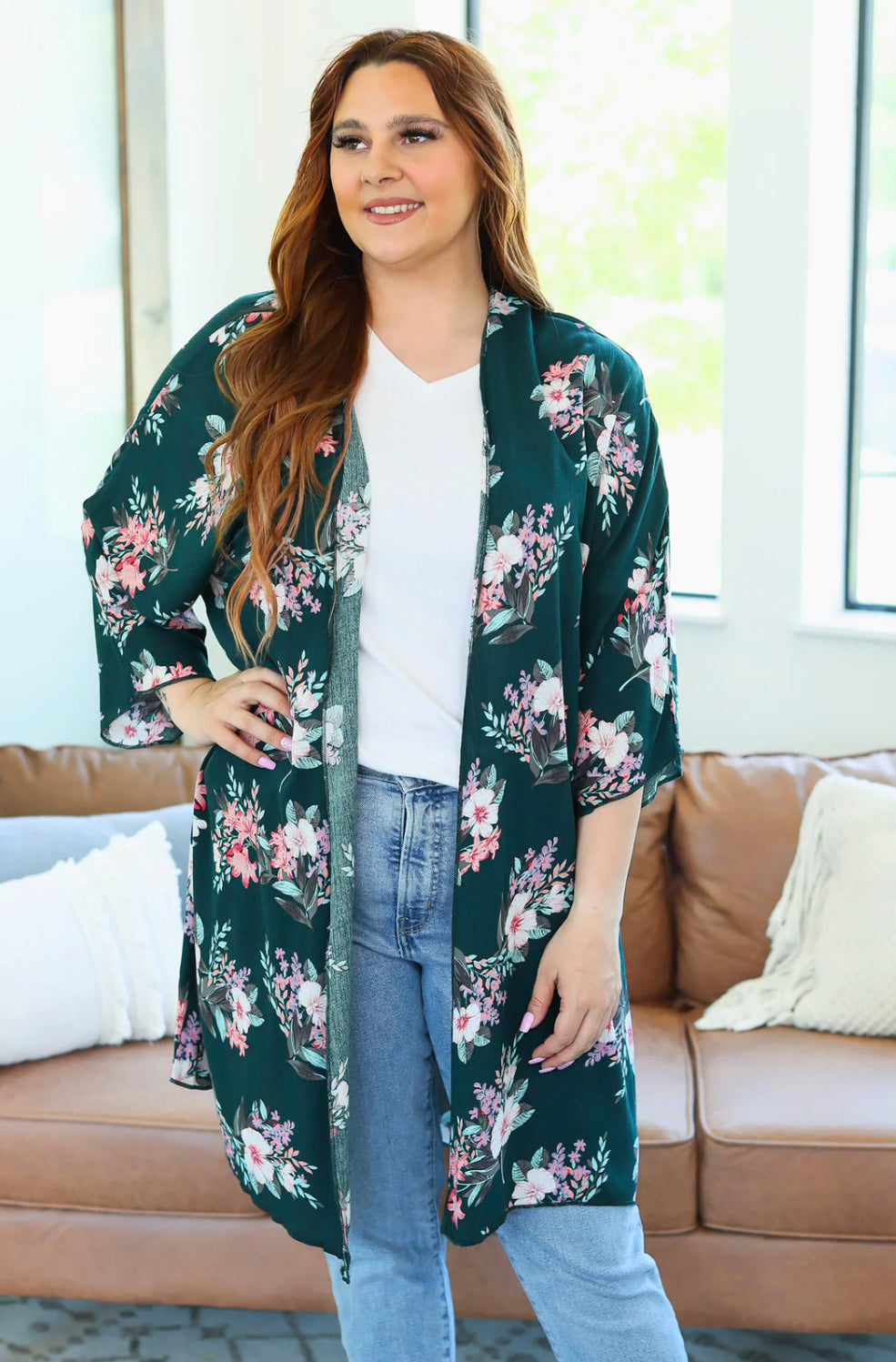 Michelle Mae Green and Pink Floral Kimono