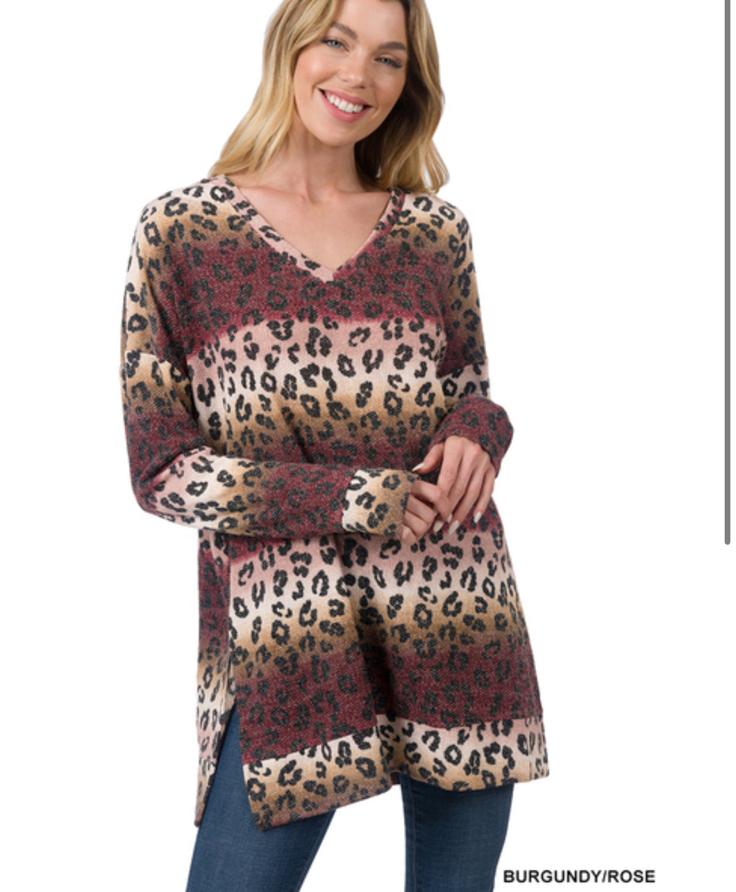 ZENANA JACQUARD LEOPARD LONG SLEEVE V-NECK TOP