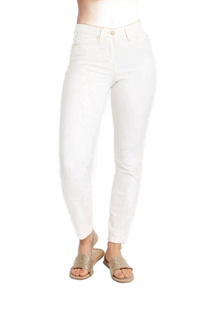 Judy Blue White Mid-Rise Braided Detail Relaxed Fit White Jeans - krisglamcloset