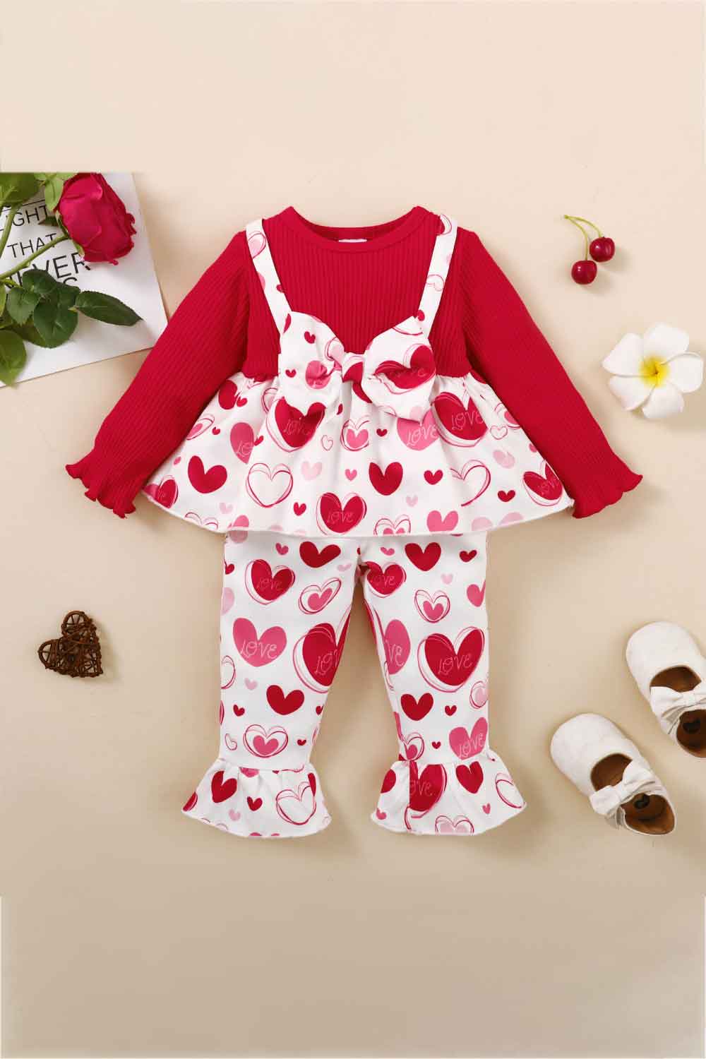 Girls Heart Print Bow Detail Sweater and Flare Pants Set FINAL SALE