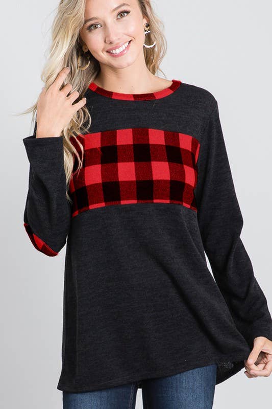 SOLID AND PLAID TOP WITH ELBOW PATCH