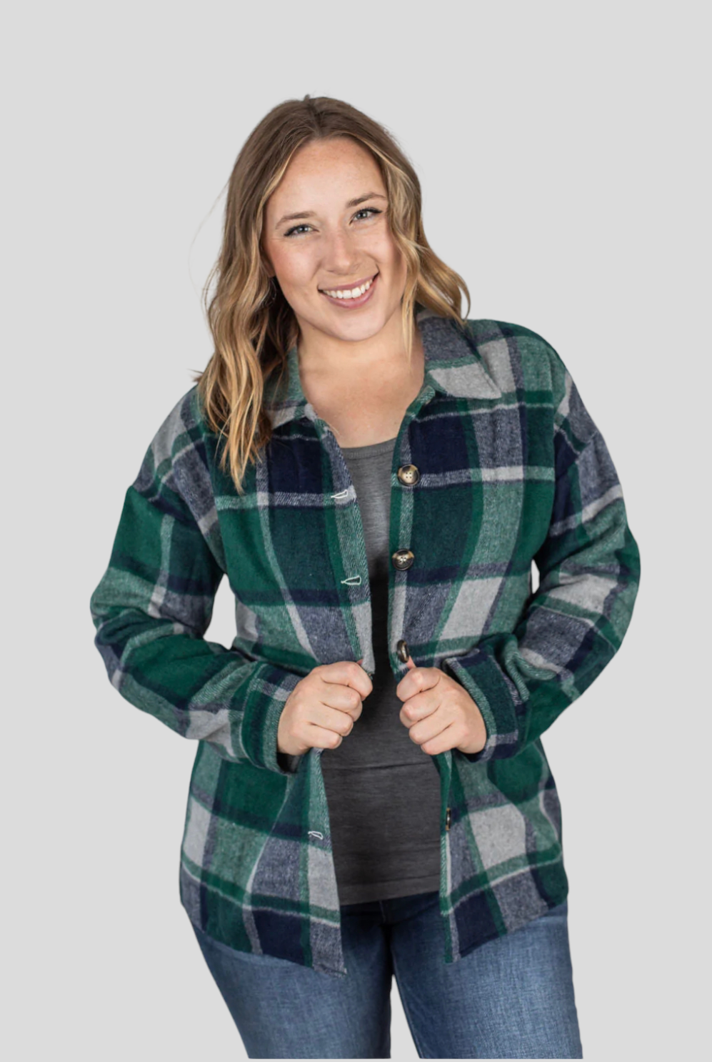 Michelle Mae Lucy Plaid Shacket - Navy and Green Plaid FINAL