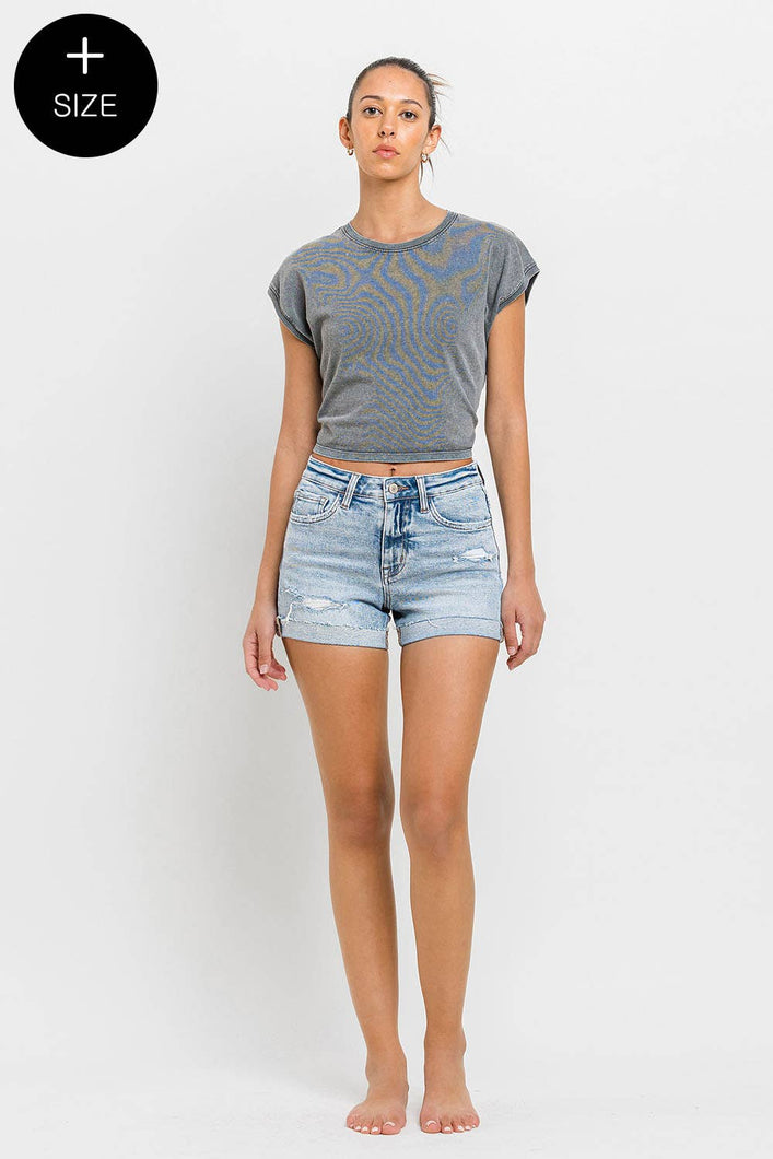 VERVET REBECCA PLUS SIZE HIGH RISE SINGLE CUFF DENIM SHORTS - krisglamcloset