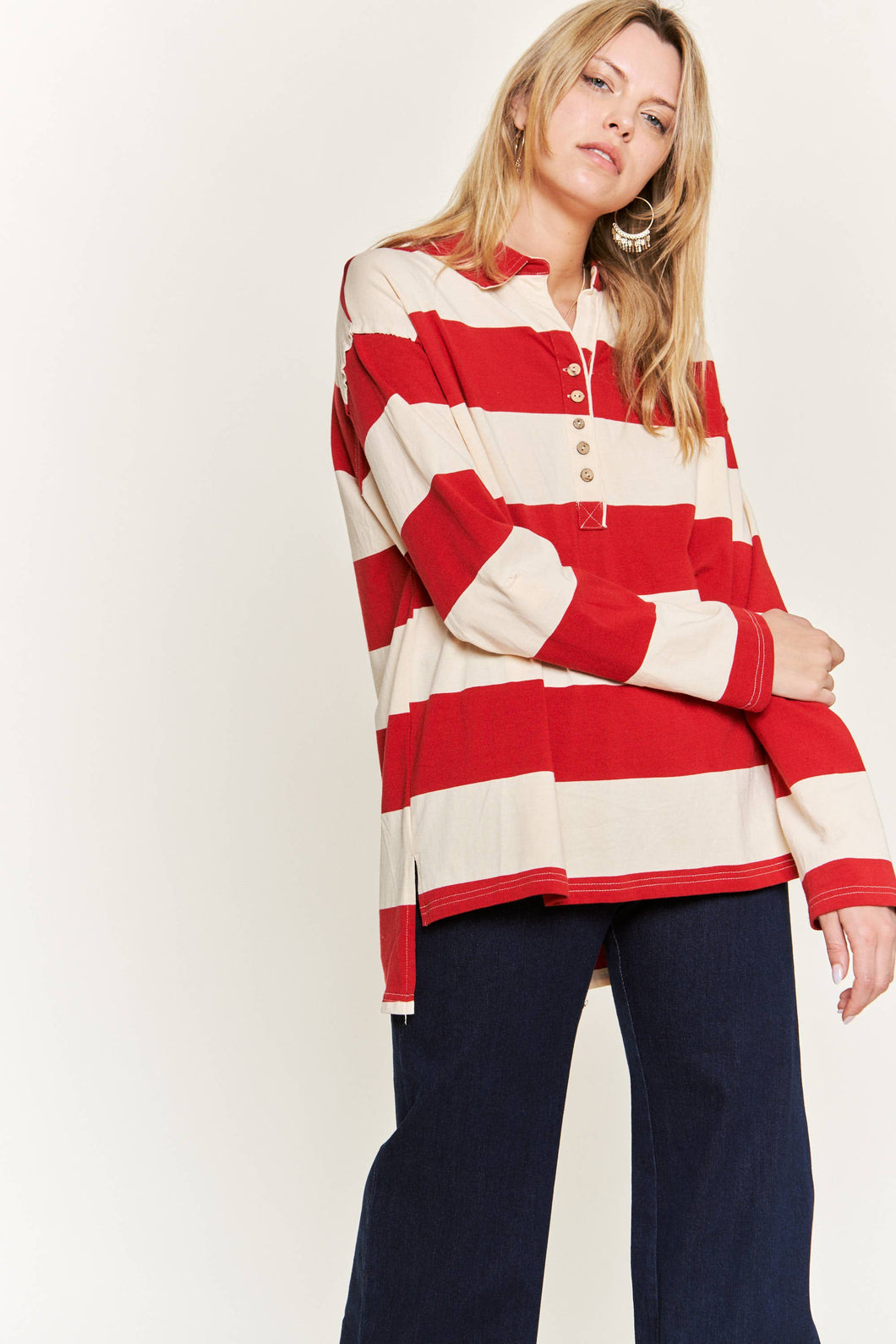 Jersey knit Allover striped Long sleeve Top CREAM/RED