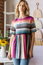 Load image into Gallery viewer, Heimish Full Size Striped Round Neck Babydoll Tee in Fuchsia Multi
