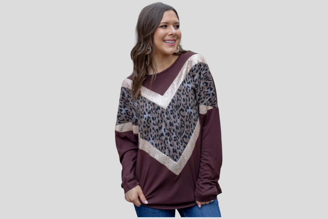 What Love Is Round Neck Drop Brown Long Sleeve With Sequins