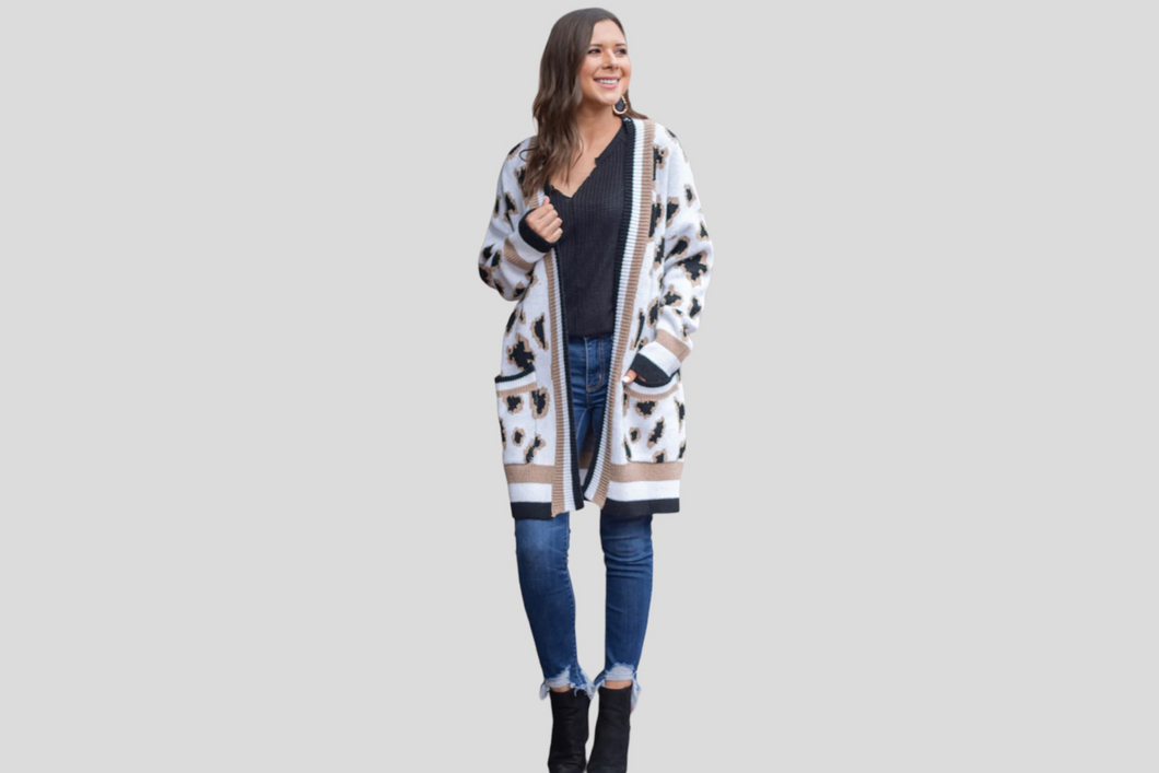 LET'S COZY UP SWEATER CARDIGAN WITH POCKETS, LEOPARD