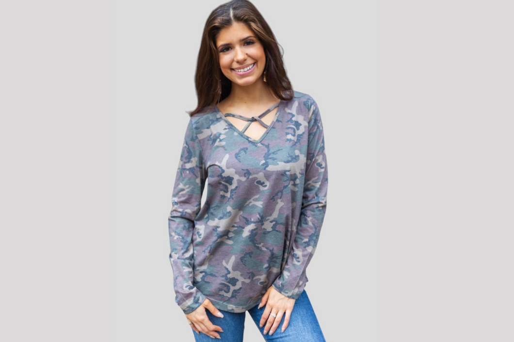 LET'S TAKE A ROAD TRIP CAGED LONG SLEEVE WITH V NECK, CAMOUFLAGE